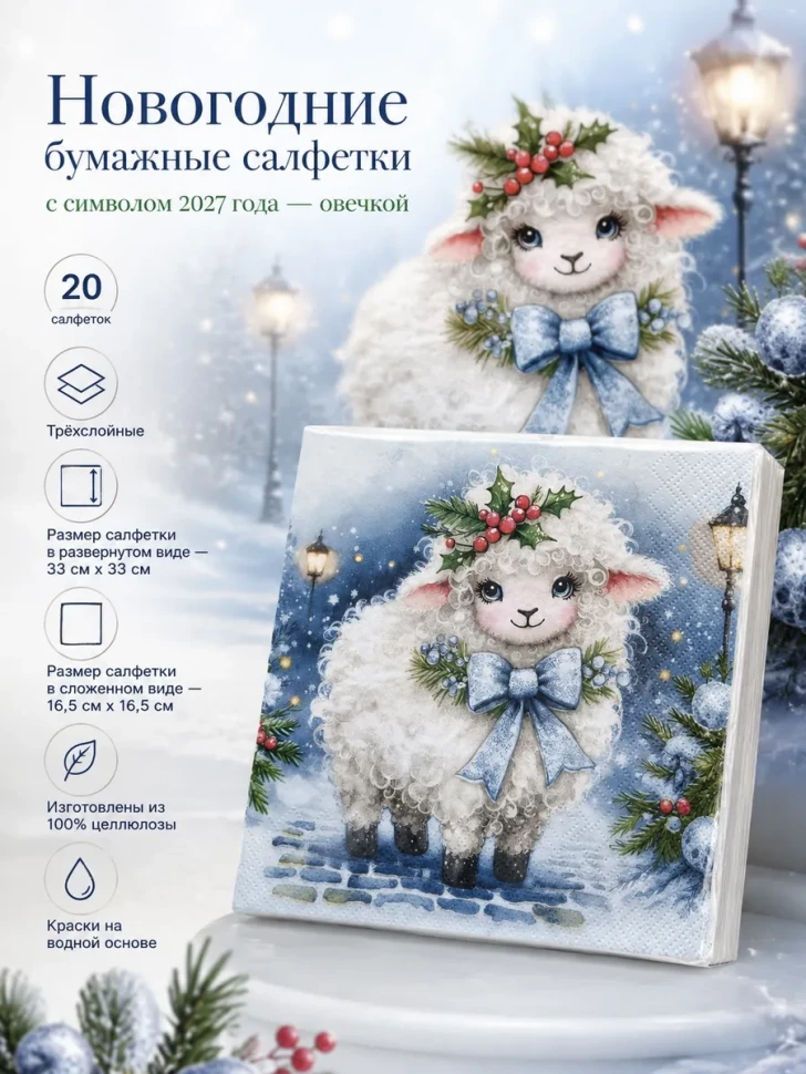 Новогодние бумажные салфетки символ года овца овечка 20 шт. фото 1 &mdash; МамаЭмма