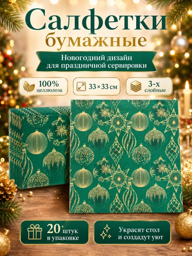 Салфетки бумажные новогодние 3-х слойные 33х33 см 20 шт зеленые с золотым фото 1 &mdash; МамаЭмма